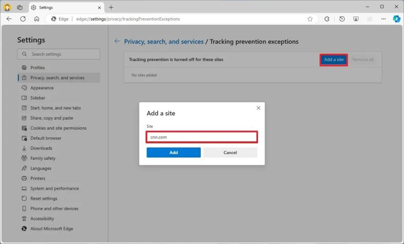Edge ajoute un site pour désactiver le suivi